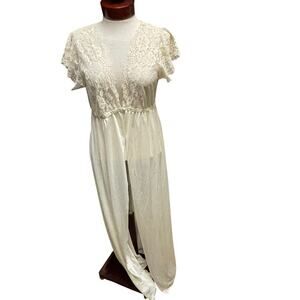 Vintage Sheer Nylon Lace Robe Peignoir Lingerie Dressing Gown Boudoir Large